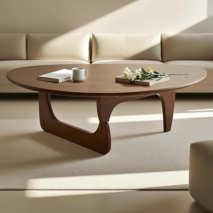 Solid Wood Triangle Coffee Table,Unique Mid Century Modern Oval Coffee Table,Irregular Geometric Tea Tables for Home Living Room with Wooden Tabletop and Reinforced Legs Walnut 43" L x 31" W x 16" H