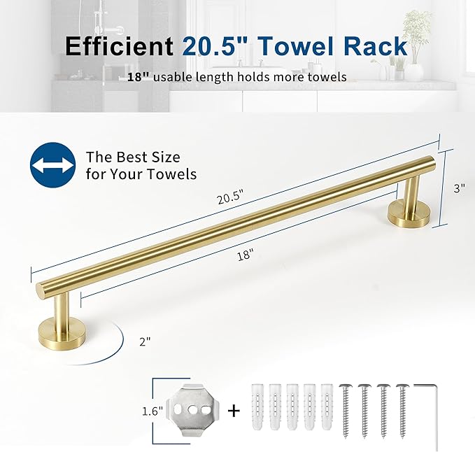 Brushed Gold Towel Bar, 18 Inch Towel Racks for Bathroom Wall Mounted, Thicken SUS304 Stainless Steel Heavy Duty Hand Towel Holder Organizer, Bathroom Accessories, Total Length 20.5 Inch