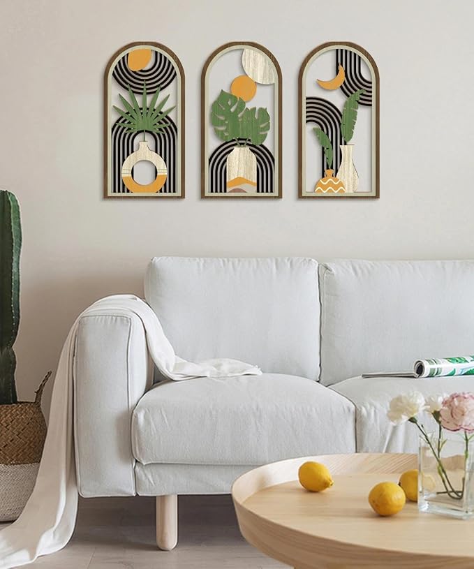Putuo Decor Boho Wall Art Set of 3, Modern Minimalist Wooden Wall Decor, Flower Vase Abstract Aesthetic Room Decorations, Mid-Century Artwork for Living Room, Bedroom, Office (White, 16×8 in
