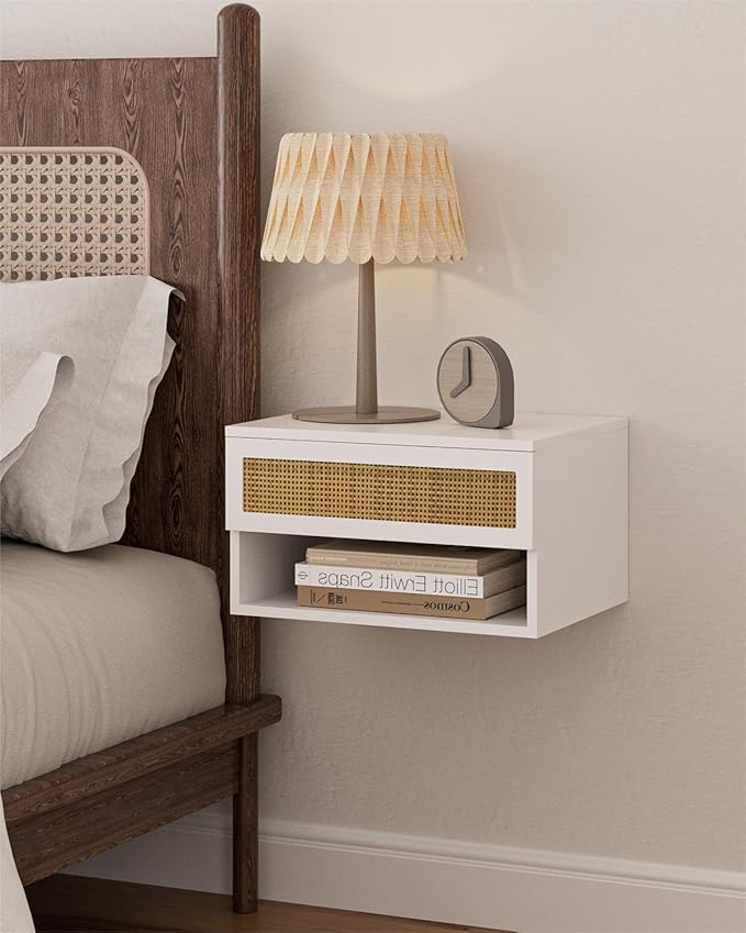 Small Modern Nightstand with Drawer, Floating Shelves for Bedroom, Bathroom (White Rattan)