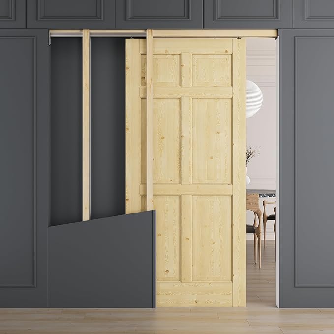 32" x 80" 6 Panel All-Inclusive Soft Close & Solid Core Sliding Pocket Door, Pine Wood Door with Frame & Hardware Kit, Pocket Interior Doors for Home, Unfinished