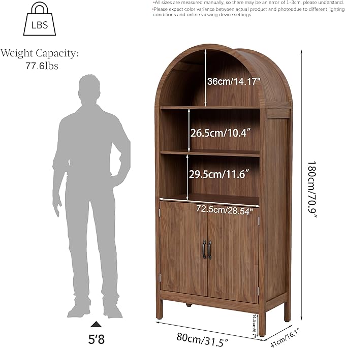70.9" Tall Storage Cabinet with Fluted Doors, Arched Freestanding Cabinet with 5 Shelves, Wooden Bookcase Storage Cabinet Suitable for Living Room, Dining Room, Bathroom