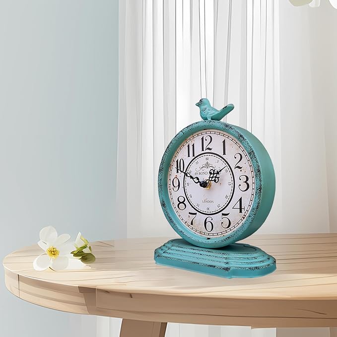 HZDHCLH Vintage Table Clock with Bird,Retro Mantel Clock Battery Operated,Metal Clock for Living Room Shelf Desk Table Fireplace Decor (Green)