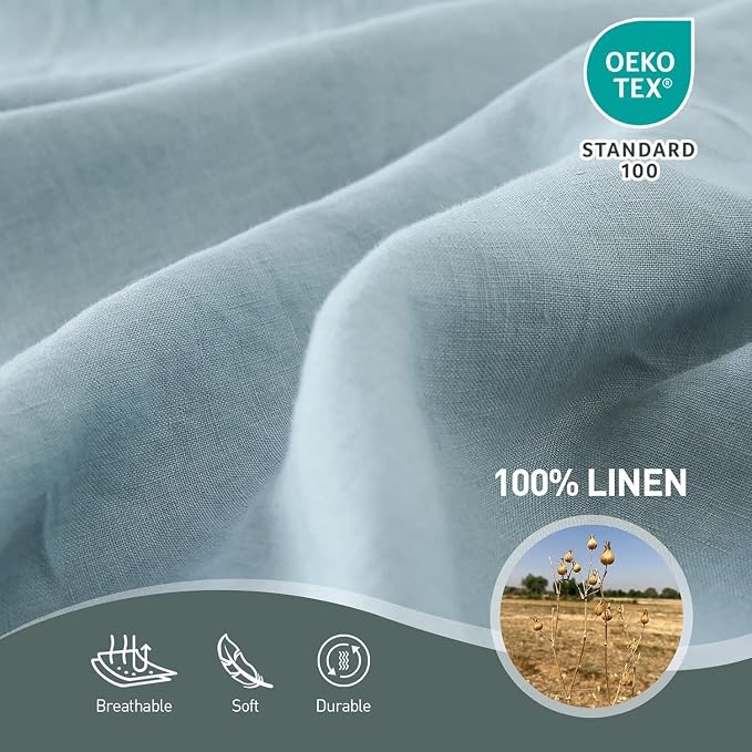 Simple&Opulence 100% Linen Duvet Cover Set, 3 PCS Natural French Flax Dusty Blue Duvet Cover King Size, Breathable Soft Comfy Linen Bedding Comforter Cover with 2 Pillowcases(Dusty Blue, 104"x92")