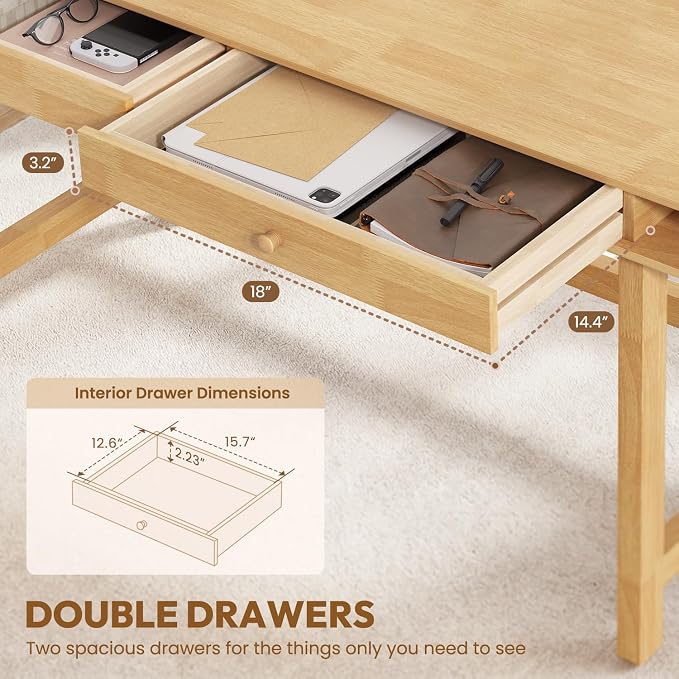 Double-Top Solid Wood Desk - 48-Inch Mid-Century Modern Writing Table with Drawers for Home Office, Study, and Creation, Rubberwood Computer Desk in Honey Oak