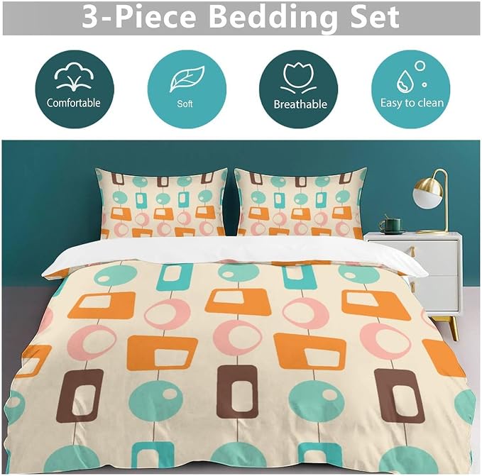Colorful Aesthetic Comforter Cover Geometry Bed Set, Retro Atomic Duvet Cover，Modern Mid Century Bedding Sets，Aesthetic Abstract Art Bedding 3 Piece (1 Duvet Cover 79"x90" + 2 Pillow Sham 20"x30")