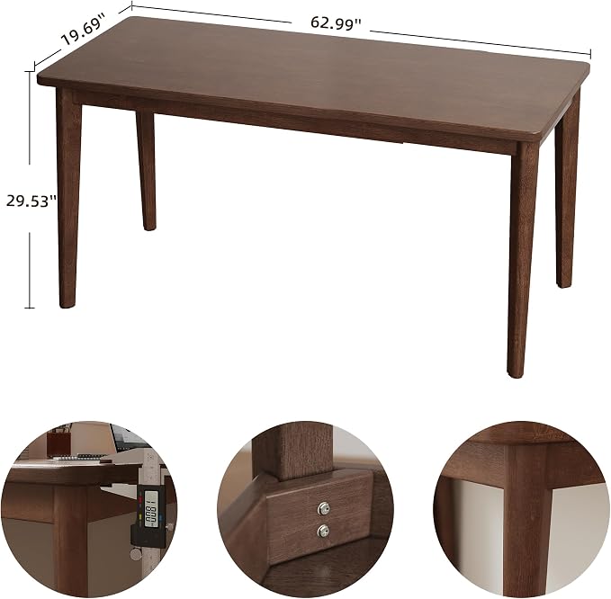 Solid Rubberwood Writing Desk Modern Wooden Computer Table for Bedroom Home Office Study Apartment Small Space Workstation with Tapered Legs,Spacious Tabletop (Walnut,62.99"L x 19.69"W x 29.53"H)