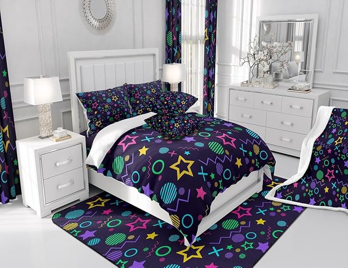 Manfei Memphis Comforter Set Full Size, Colorful Geometric Vintage Style Quilt Set with 2 Pillowcases, 80s 90s Fashion Style Bedding Set 3pcs for Kids Boys Girls Lightweight Duvet Insert