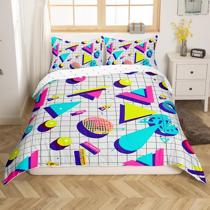 Retro 80s Style Bedding Set Twin,Abstract Geometric Pattern Duvet Cover Urban Modern Design with Circles and Triangle Comforter Cover Colorful Pop Art Inspired Pattern Quilt Cover for Boys Child