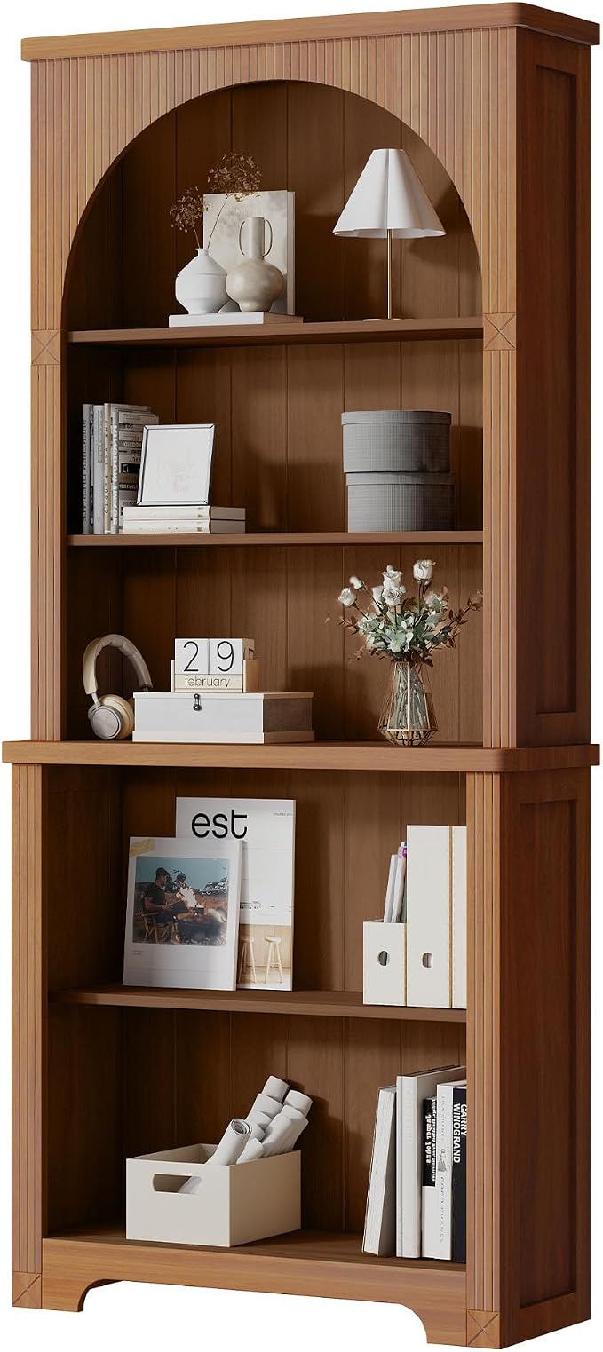 Janmer Home 71'' Tall Arched Bookshelf, Mid Century Modern Curved Bookcase with 5-Tier Storage Shelves, Freestanding Open Display Shelf for Home Office, Living Room (Walnut, 71inch-1PC)