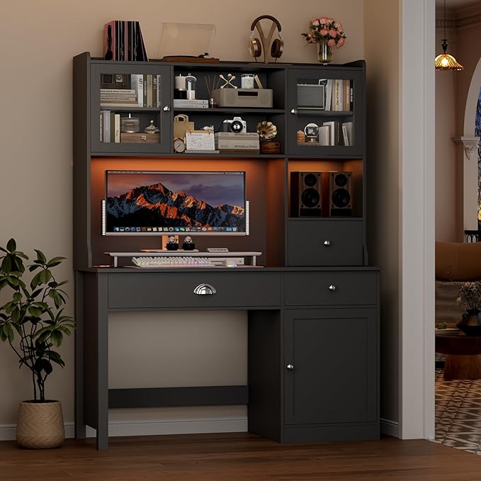 FACBOTALL Computer Desk with Hutch and RGB Lights, 65" Office Desk with Power Outlet, Makeup Vanity with 3 Doors & 3 Drawers, Executive Desks for Home, Work and Study, Black (Black)