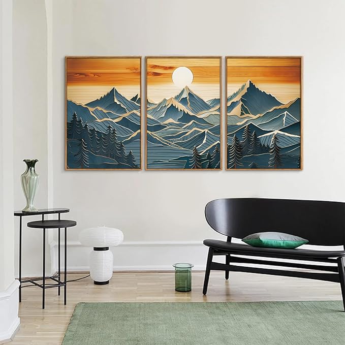 Tinonedraw Large Mountains Framed Canvas Wall Art Set of 3, Boho Nature Woodcut Forest Art Prints, Mid Century Modern Wall Decor, Sunset Landscape Art Paintings for Living Room Bedroom Office 16"x24"