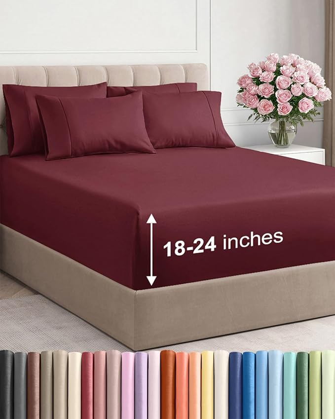 Extra Deep Queen Sheet Set - 6 Piece Breathable and Cooling Sheets - Hotel Luxury Bedding for Women, Men, Kids & Teens - Easy Secure Fit - Soft, Wrinkle Free and Comfy - Extra Deep Pockets - Burgundy