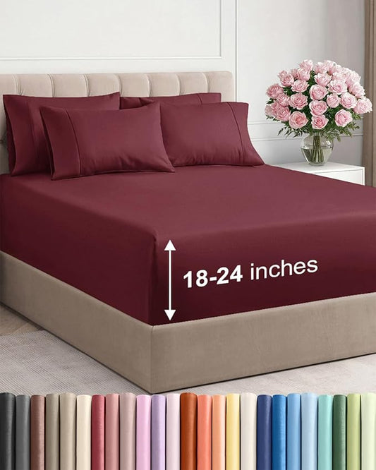 Extra Deep Queen Sheet Set - 6 Piece Breathable and Cooling Sheets - Hotel Luxury Bedding for Women, Men, Kids & Teens - Easy Secure Fit - Soft, Wrinkle Free and Comfy - Extra Deep Pockets - Burgundy