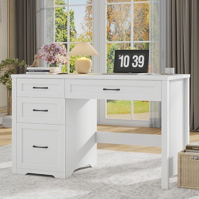 Farmhouse 47" Executive Desk with File Drawer, Wood Computer Desk with 3 Storage Drawers, Workstation for Home Office, Study, Writing（White