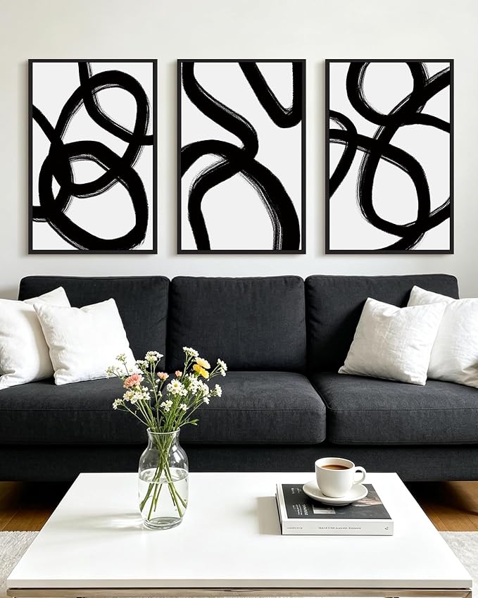 KUVIOKE Black and Gray Abstract Framed Wall Art Ink Wash Minimalist Lines Painting Artwork for Bedroom Hallway 24x36in (Black Framed)