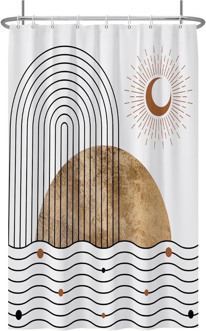 Baocicoo Boho Mid Century Shower Curtain Abstract Wave Shine Crescent Abstract Sun and Moon Shower Curtain for Bathroom Cubicle Durable Fabric Waterproof Curtain for Bathroom with Hooks 48x72 Inches
