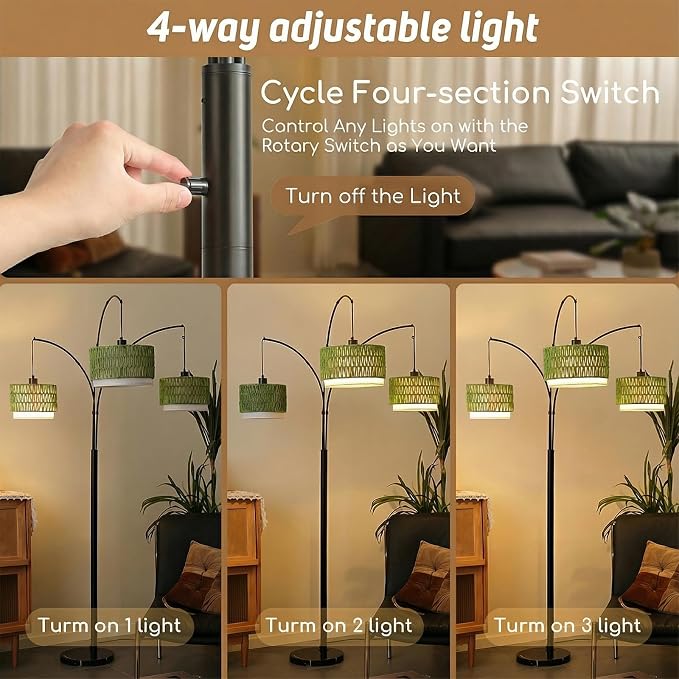 Rattan Floor Lamp for Living Room, 80 Inch Tall Boho Floor Lamp with Rotary Switch, 3 Lights Arc Lamp with Green Wicker Shade for Coastal,Bohemian,Tree Farmhouse Standing Lamp