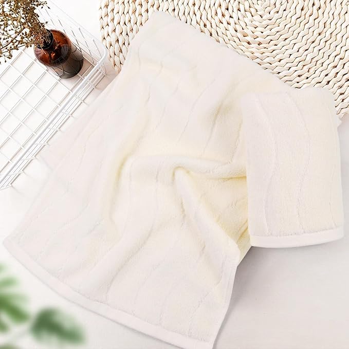 Pack of 2 Quick Dry Hand Towels (13x29 Inches, Beige) - 100% Cotton Face Towels for Bathroom Hotel Spa, Wavy Striped Jacquard