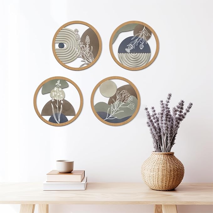 TOARTi 4Pieces Boho Botanical Wooden Wall Art,Farmhouse Geometric Round Wall Decor,Vintage Bohemian Plants Hanging Art,Morden Minimalist Aesthetic Artwork for Bedroom Living Room