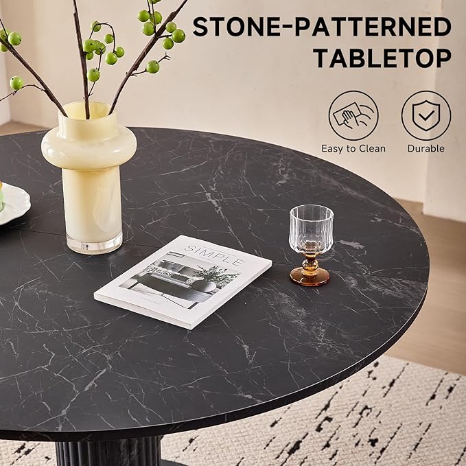 47" Round Dining Table for 4, [Cylinder Pedestal Base] [Stone-Patterned] Modern Circle Dinner Table for Kitchen Dining Living Room, Black Marble Patterned