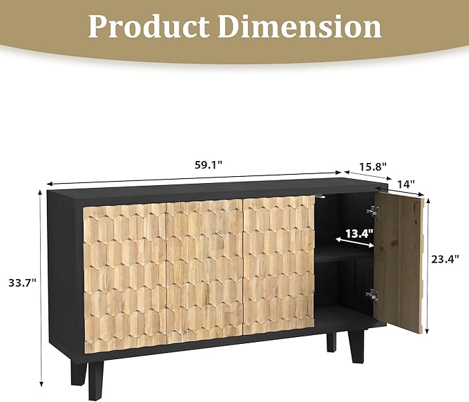 Buffet Cabinet with Storage, Distressed Storage Cabinet with 4 Carved Doors and Adjustable Shelf, Wooden Accent Sideboard Buffet Cabinets for Kitchen, Living Room, Entryway, Black&Natural