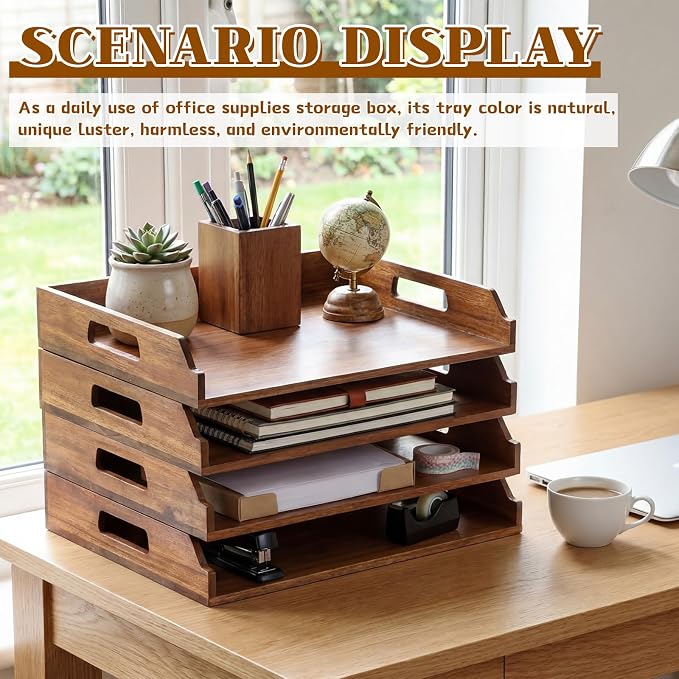 AceOrbit 4 Pcs Stackable Paper Tray Acacia Wood Desk Organizer Letter Tray 4 Tier Wooden File Organizer Desk Shelf for Documents, Letter Sorter, Envelopes and Magazine Holder