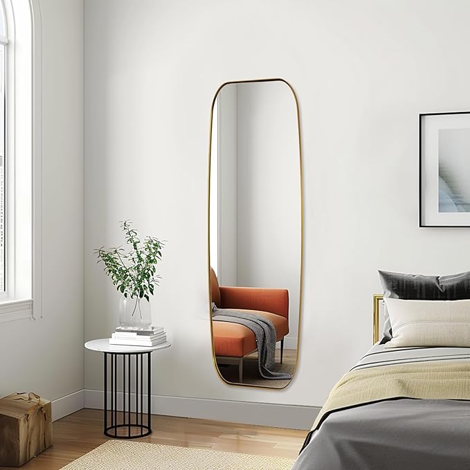 ANDY STAR 18x48 Full Length Wall Mirror, Brushed Gold Oblong Shaped Body Mirror with Stainless Steel Metal Frame, Rounded Corner Design for Floor and Leaning
