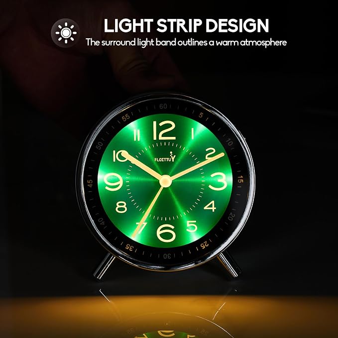FLOITTUY Super Silent Metal Alarm Clock,Beep Wake Round Alarm Clock with Strip Night Light,Battery Operated,Easy Set,Simple & Retro for Desk, Bedroom and Home Decoration(Emerald Green)