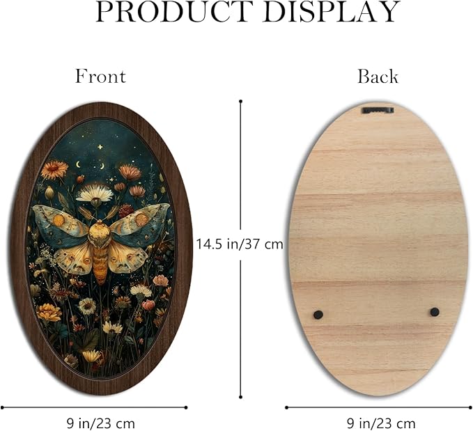 UYIKG Vintage Cottagecore Wall Art Decor,Moth Floral Oval Wall Decor,William Morris Moth Cottagecore Oval Wooden Framed Decorations for Theme Room Home Bedroom Living Room 9x14.6 in