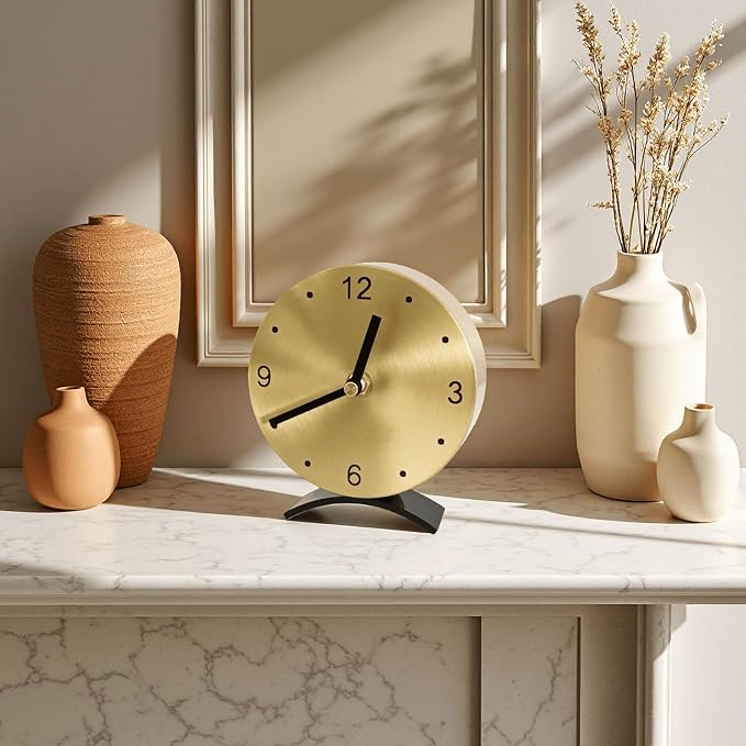 Solid Brass Small Gold Table Clock - Silent Non-Ticking, Battery Operated for Living Room Mantel, Desk or Shelf Decor