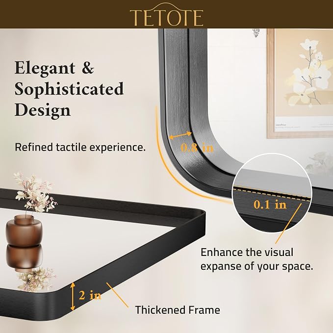 TETOTE 72 x 36 Inch Black Bathroom Mirror, Rectangle Matte Metal Frame Wall Mounted Mirror, Modern Farmhouse Round Corner Large Mirrors for Double Vanity (Horizontal/Vertical)