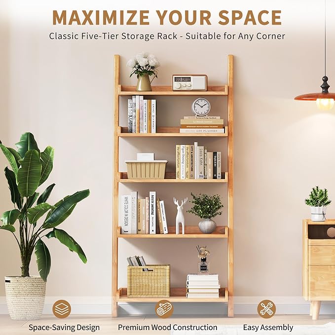Uniclinens Natural Wooden Ladder Shelf, 5-Tier Leaning Bookshelf, Ladder Bookshelf for Compact Spaces, Leaning Bookcase for Living Room, Bedroom, Home Office