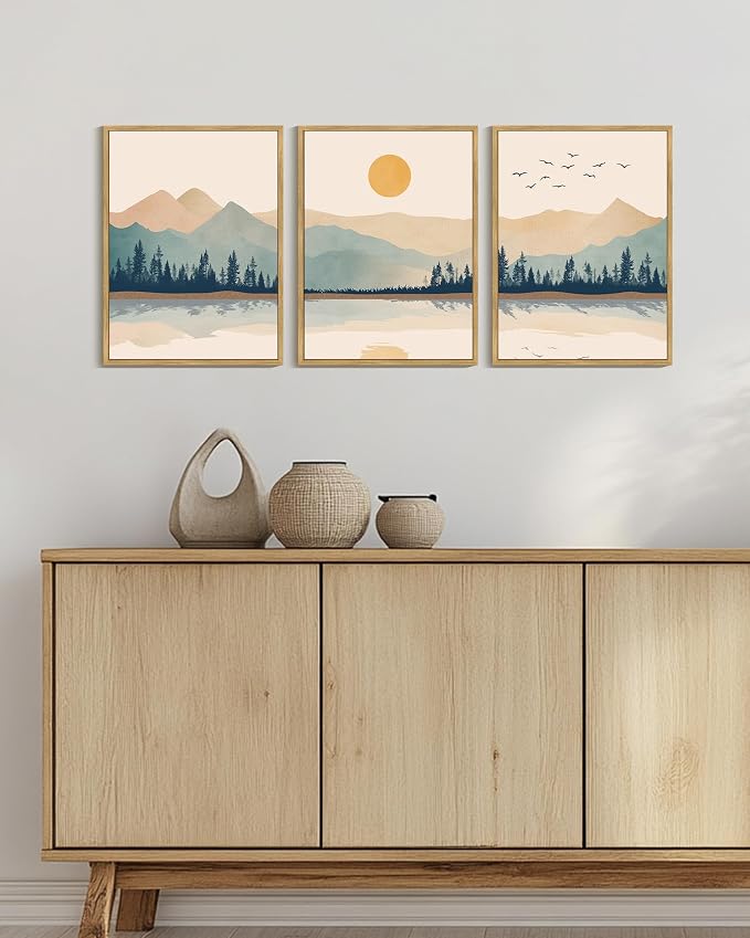 KUVIOKE Mountain Landscape Framed Canvas Wall Art Watercolor Nature Laker Painting Sun Rises Boho Farmhouse Rustic Room Decor for Bedroom Dining Room 12x16in (Natural Framed)