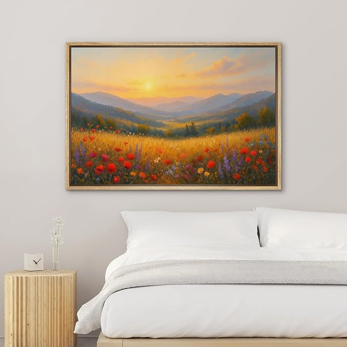 SIGNWIN Framed Canvas Print Wall Art Sunlit Wildflower Valley Bright Sunrise Landscape Decorative Multicolor Colorful Rustic for Living Room, Bedroom, Office - 24"x36" Natural
