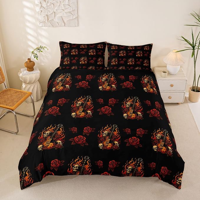 Erosebridal Guitar Rose Bedding Set Queen for Adults Women - Cool Skeleton Flame Duvet Cover Punk Rock Music Comforter Cover,Floral Gothic Skull Print Bed Set