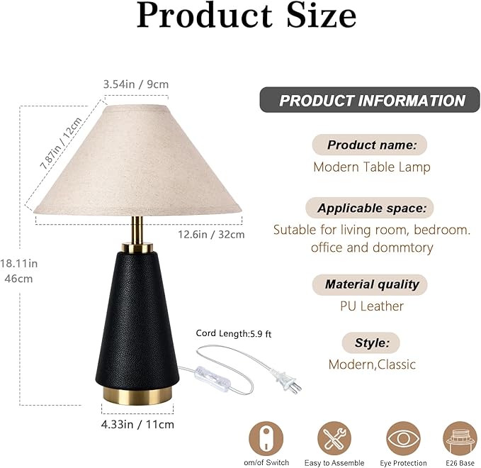 18.11 Inch Black Modern Table Lamp Set of 2, Beige Fabric Shade with PU Leather Base, Home Decor Lamp for Kitchen Counter, Bedroom, Nightstand, Desk Lighting, Bookshelf, Living Room, Kids Dorm