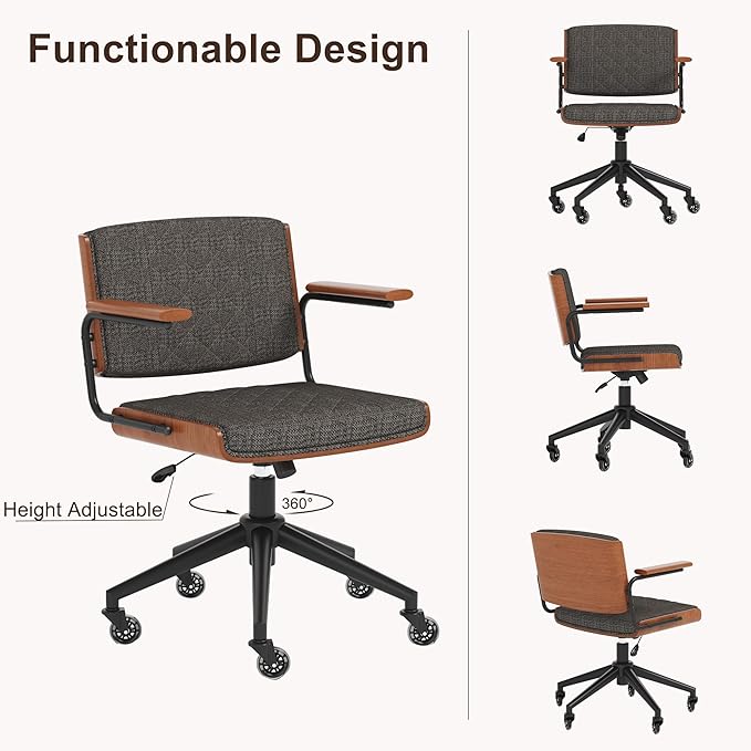 Ergonomic Office Chair with Rubber Wheels & Walnut Arms - Mid-Back Desk Chair, Adjustable Height, Bentwood Backrest | Swivel Rocking Design for Home Office, Meeting Room, Study