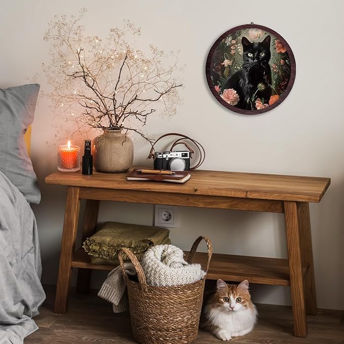 TFKFJLF Moody Black Cat Framed Wall Art Decor, Floral Gothic Wooden Wall Art Prints Artwork, Vintage Decoration, Cottagecore Hanging Room Door Decor for Cat Lovers Bedroom Living Room, 10x10 Inch
