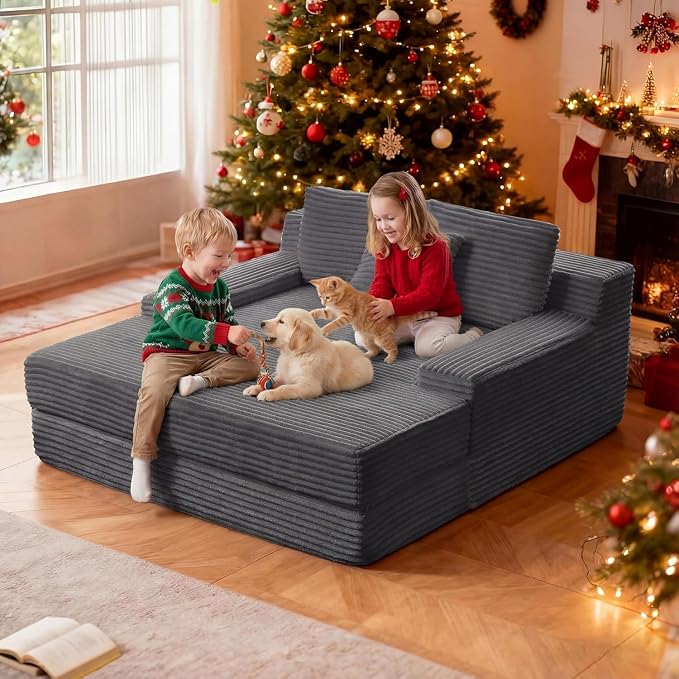 Boneless Chaise Lounge Chair Indoor, 59" W x 65" D Oversized Floor Cloud Sofa Bed, Premium Corduroy Fabric & Full 30D Memory Foam, Boneless Couch for Living Room, No Assembly Required,Grey