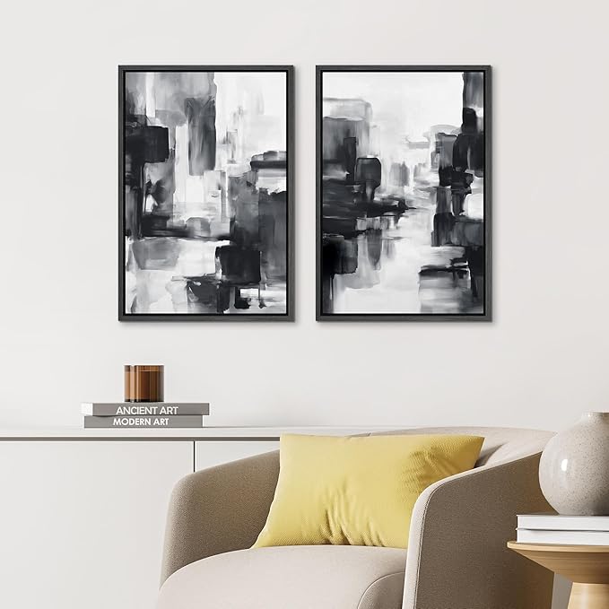 IDEA4WALL Framed Canvas Print Wall Art Set Black and White Urban Abstract Bold Monochrome Brushstroke Illustrations Modern Art Decorative Calm/Zen for Living Room, Bedroom, Office - 24"x36"x2 Black