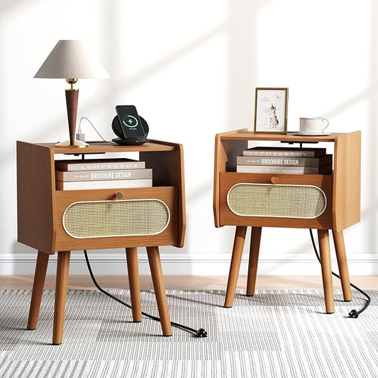 Night Stand Set 2, Rattan Nightstands Set of 2 with Charging Station, Mid Century Modern Bedside Table with Drawer, Boho End Table with Solid Wood Legs, Side Tables for Bedroom, Small Space, Cherry