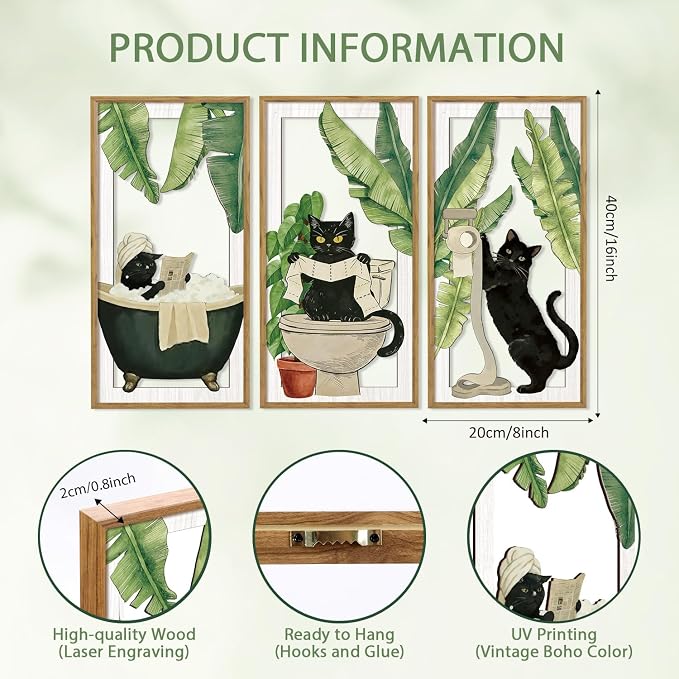 HPNIUB 3PCS Funny Bathrooms Wall Decor, Whimsical Black Cat Wood Sign, 8x16Inch Vintage Cat Toilet Wooden Hanging Sign Botanical Wall Art for Powder Room Restroom Decoration, Lovely Cat Gifts