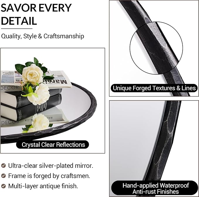 ANDY STAR Hand-Forged Round Mirror for Wall, 24 Inch Black Solid Steel Antique Rounded Bathroom Mirror, Vintage Hammered Metal Frame Circle Mirror for Wall Decor, Vanity, Bedroom, Entryway