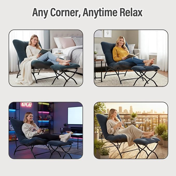 Tiita Accent Lazy Chair with Ottoman, Comfy Lounge Chair with Metal Frame and Plush Fabric, Thick Cushion Seated Cozy Recliner Chair for Reading Room, Living Room, Bedroom, Office, Dark Gray