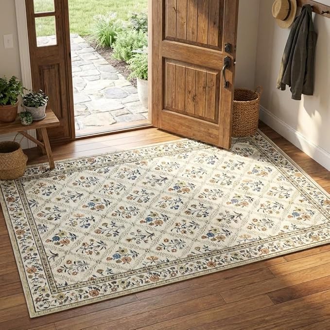 GarveeHome Floral Washable Entryway Rug Non-Slip 2x3 Front Door Mat Vintage Low-Pile Small Area Rugs Soft Non-Slip Indoor Stain Resistant Entry Mat for Entrance Bedroom Bathroom Beige