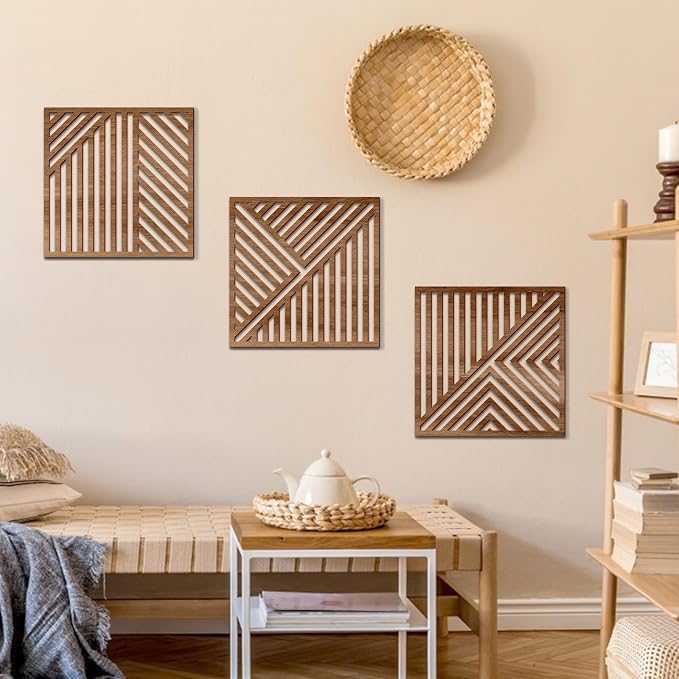 Bnesi 3 Piece Abstract Geometric Wood Wall Art Decor Modern Boho Minimalist Slatted Design Wall Sculpture Art Decor for Living Room Bedroom Home Bathroom (Classic, Medium)