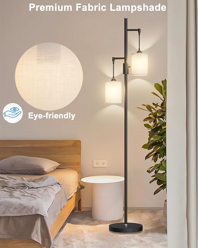 Lightdot 65IN Black Floor Lamp for Living Room, Industrial 2-Light Tree Floor Lamps with Linen Shade, Modern Standing Tall Lamp with 5Lbs Heavy Base for Bedroom/Sofa Beside/Corner Decor(Bulb Included)