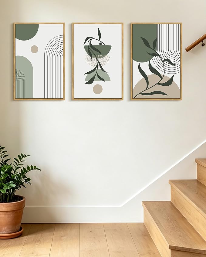 KUVIOKE Boho Wall Art Framed Botanical Modern Plants Wall Printing Green Neutral Abstract Geometric Prints Bohemain Sage Decor for Farmhouse Living Dining Room 16x24in (Natural Framed)