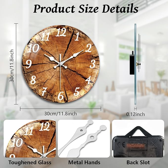 peacoblue Wall Clocks Battery Operated 12 Inch Wood Tree Stump Glass Round Wall Clock Non Ticking for Kitchen Living Room Dining Room Bedroom and Bathroom Decor Accessories (Battery not Included)